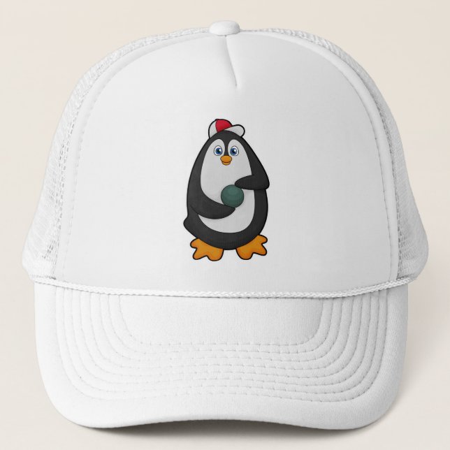 Pinguin im Bowling mit Bowlingball Truckerkappe (Vorderseite)