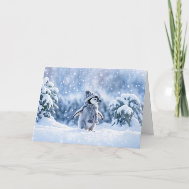 Pinguin im Schnee, der mit Hut abkühlt, Weihnachte Karte (Vorderseite)