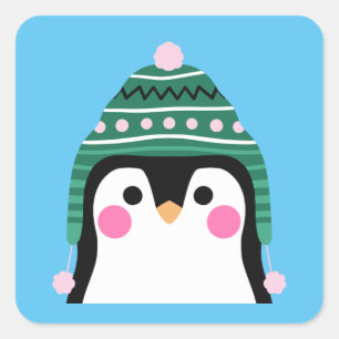 Pinguin im Winter Tuque Quadratischer Aufkleber