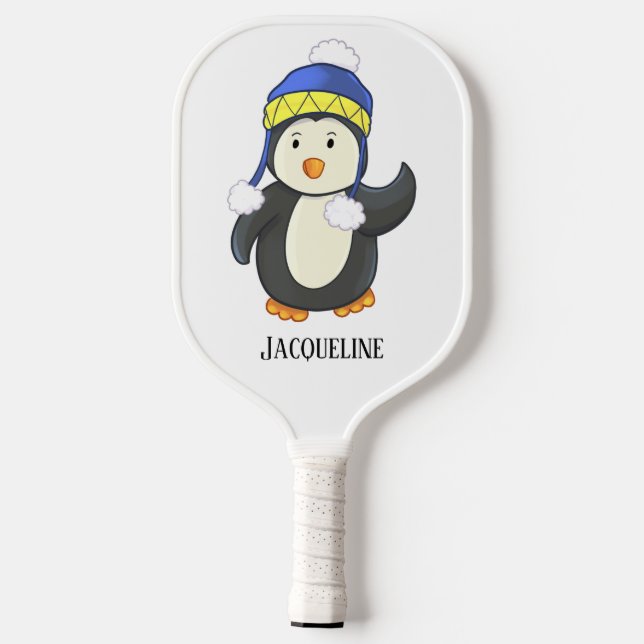Pinguin in Blue and Yellow Winter Hat Name Pickleball Schläger (Rückseite)