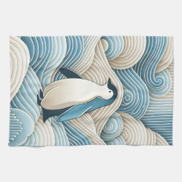 Pinguin in Cream Blue Abstrakt Waves Geschirrtuch