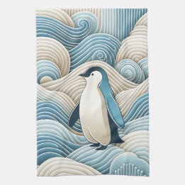 Pinguin in Cream Blue Abstrakt Waves Geschirrtuch