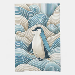 Pinguin in Cream Blue Abstrakt Waves Geschirrtuch