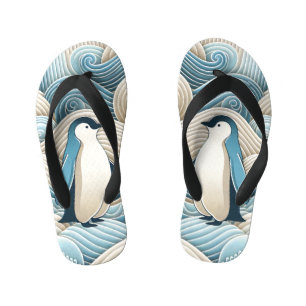 Pinguin in Cream Blue Abstrakt Waves Kinderbadesandalen