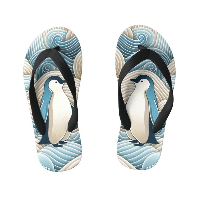 Pinguin in Cream Blue Abstrakt Waves Kinderbadesandalen (Fußbett)