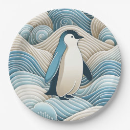 Pinguin in Cream Blue Abstrakt Waves Pappteller