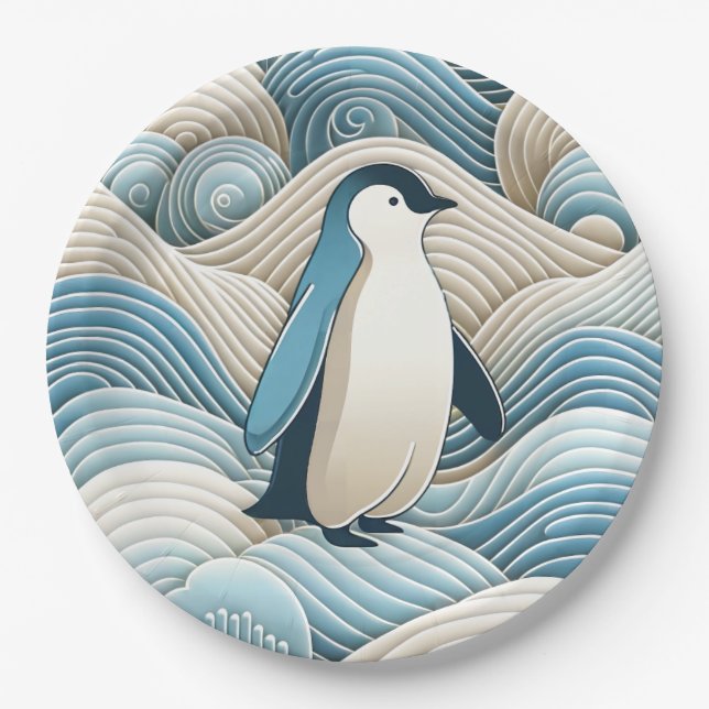 Pinguin in Cream Blue Abstrakt Waves Pappteller (Vorderseite)