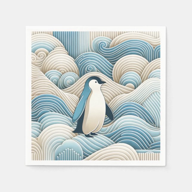 Pinguin in Cream Blue Abstrakt Waves Serviette (Vorderseite)