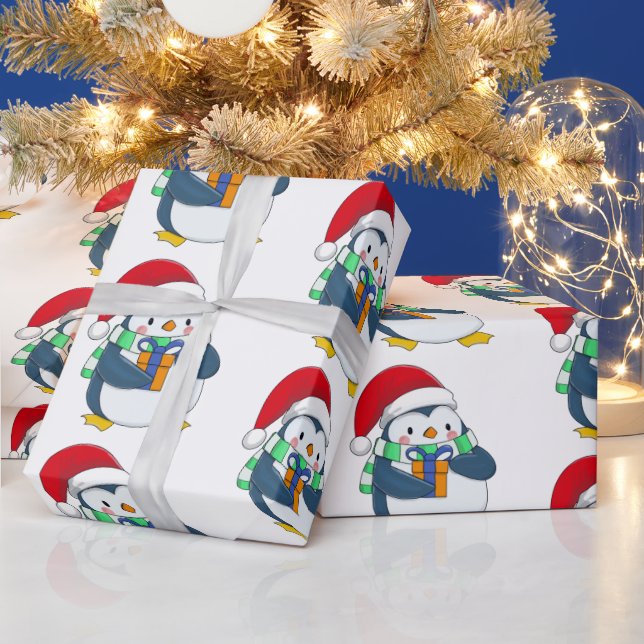 Pinguin in einem Weihnachtshut mit Geschenk Geschenkpapier (Feiertage)