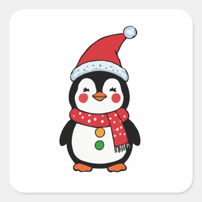 Pinguin in einer Weihnachtsmannmütze Quadratischer Aufkleber (Vorderseite)