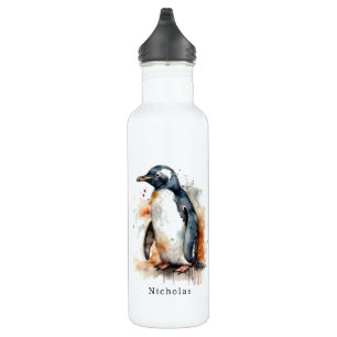 Pinguin in orangefarbener und schwarzer Wasserfarb Edelstahlflasche