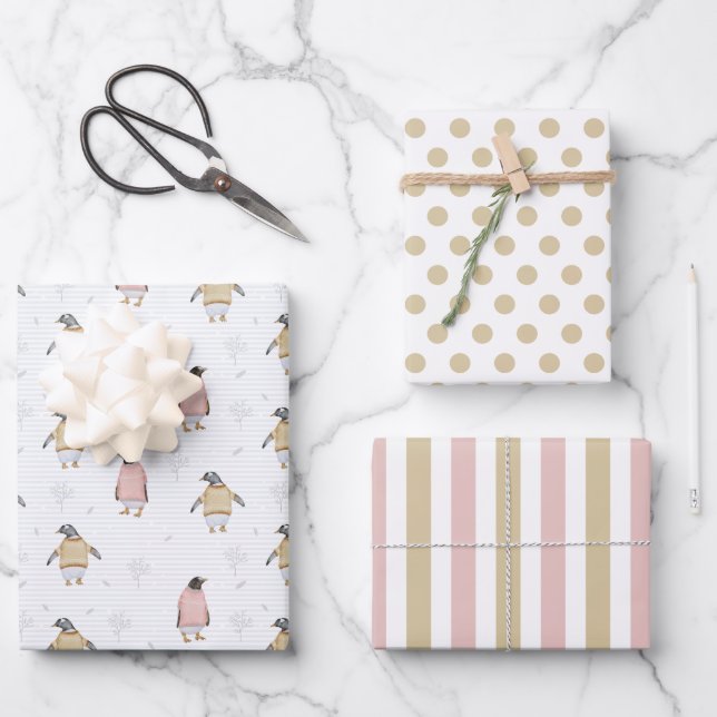 Pinguin in Sweaters Wrapping Paper Set 3 Geschenkpapier Set (Vorderseite)