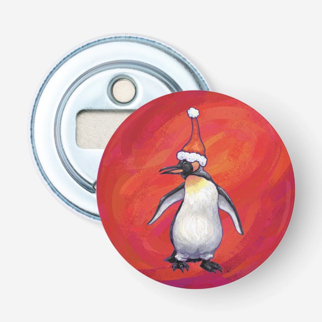 Pinguin in Weihnachtsmannmütze auf Rot Flaschenöffner (Vorderseite)