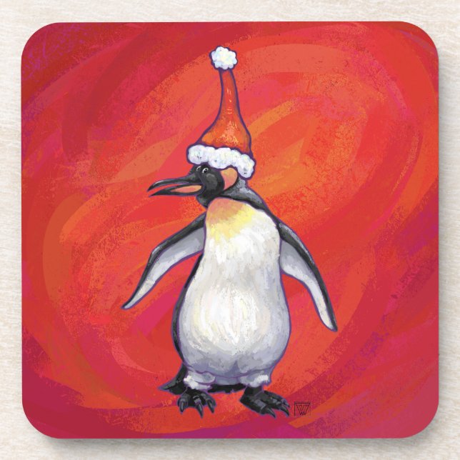 Pinguin in Weihnachtsmannmütze auf Rot Getränkeuntersetzer (Vorderseite)