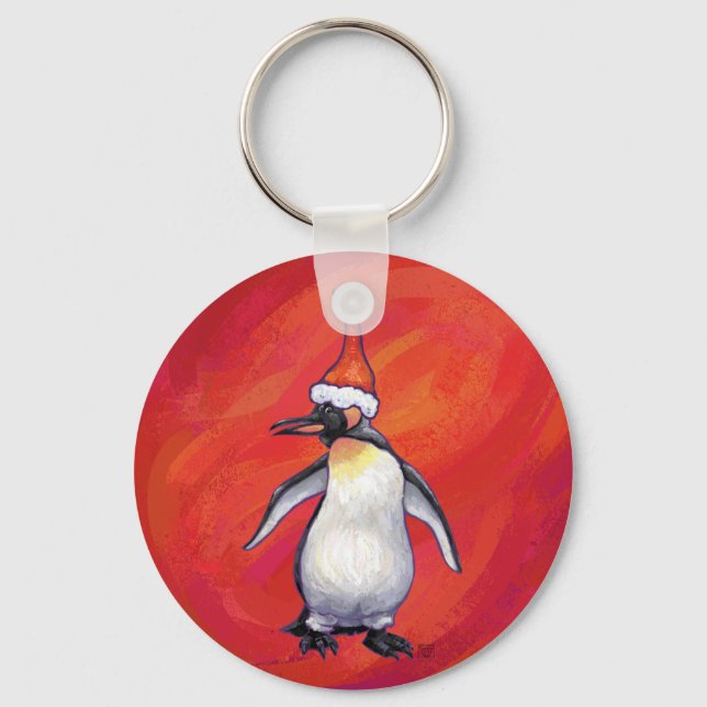 Pinguin in Weihnachtsmannmütze auf Rot Schlüsselanhänger (Vorderseite)