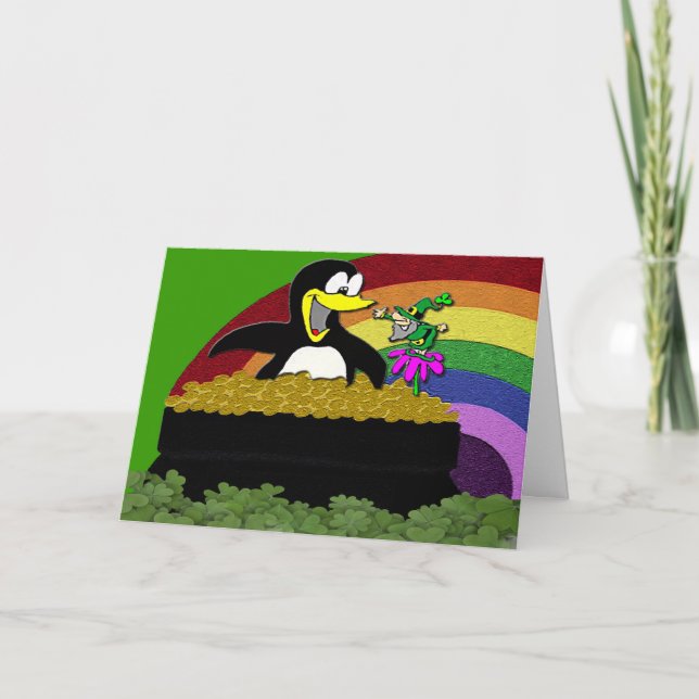 Pinguin, Leprechaun, Gold und Regenbogen Karte (Vorderseite)
