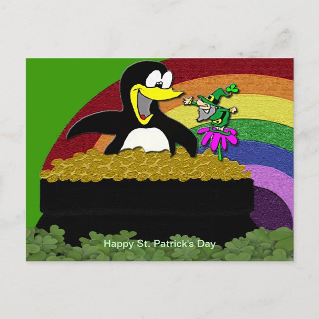 Pinguin, Leprechaun, Gold und Regenbogen Postkarte (Vorderseite)