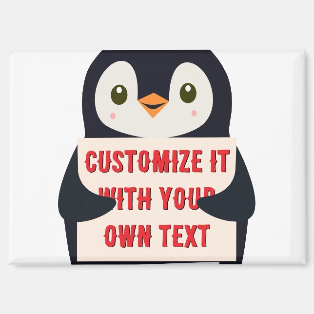 Pinguin-Maskottchen hält ein Schild für benutzerde Magnet (Vorderseite)