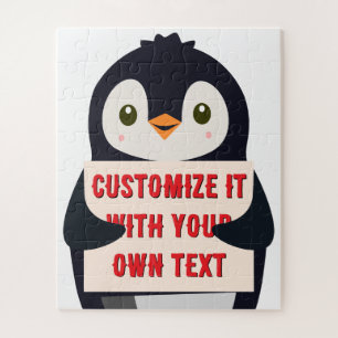 Pinguin-Maskottchen hält ein Schild für benutzerde Puzzle