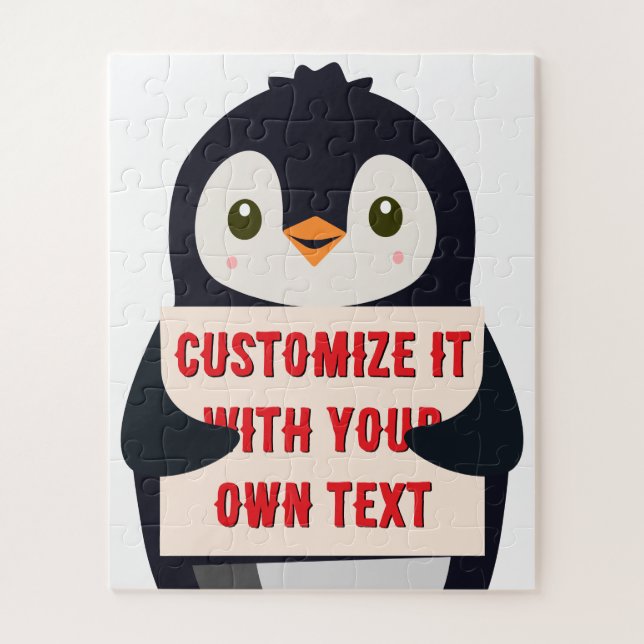 Pinguin-Maskottchen hält ein Schild für benutzerde Puzzle (Vertikal)