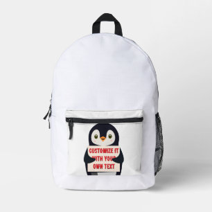 Pinguin-Maskottchen hält ein Schild mit individuel Bedruckter Rucksack
