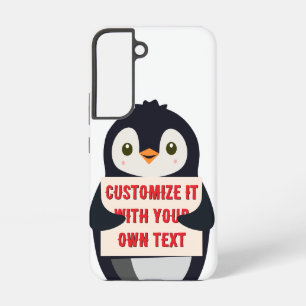 Pinguin-Maskottchen hält ein Schild mit individuel Samsung Galaxy Hülle