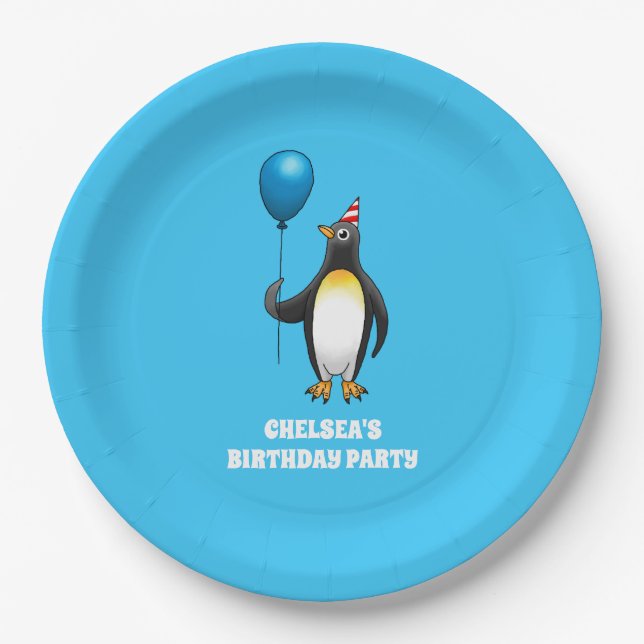 Pinguin mit blauem Ballon Pappteller (Vorderseite)
