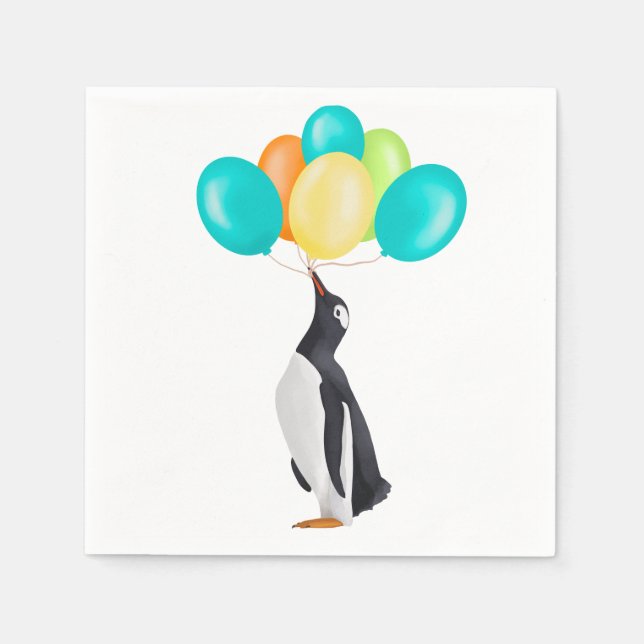 Pinguin mit bunten Balloons zum Geburtstag Serviette (Vorderseite)
