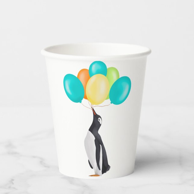 Pinguin mit farbenfrohen Balloons Pappbecher (Vorderseite)