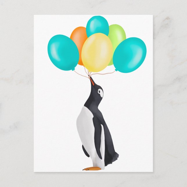 Pinguin mit farbenfrohen Balloons Postkarte (Vorderseite)