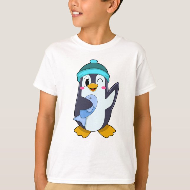 Pinguin mit Fisch & Hut T-Shirt (Vorderseite)