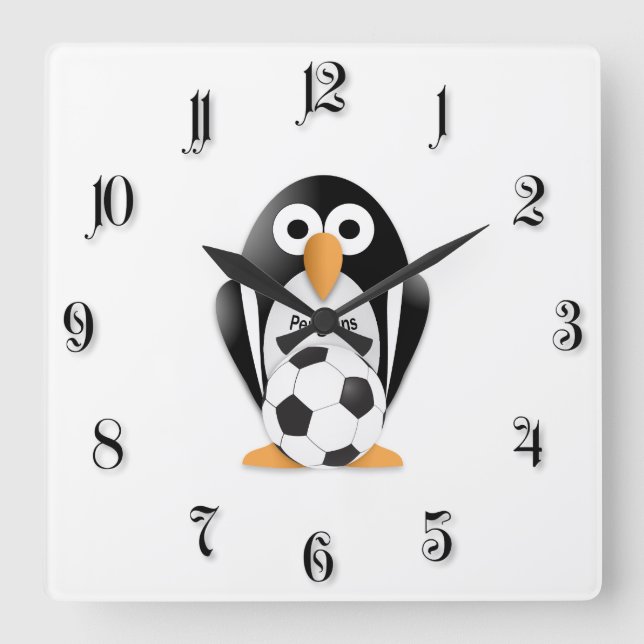 Pinguin mit Fußball Quadratische Wanduhr (Vorderseite)