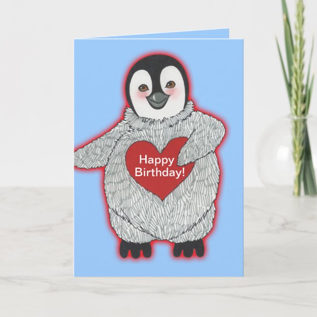Pinguin mit Herzglückwünschen zum Geburtstag Karte (Vorderseite)