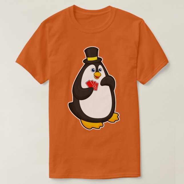 Pinguin mit Hut auf Karten T-Shirt (Design vorne)