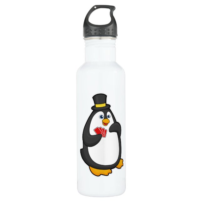 Pinguin mit Hut im Poker mit Poker-Karten Edelstahlflasche (Vorderseite)