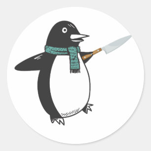 Pinguin mit Knife-T - Shirt Runder Aufkleber