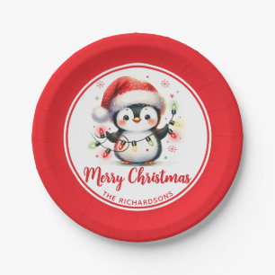 Pinguin mit Lichtern Weiß und Rot Frohe Weihnachte Pappteller