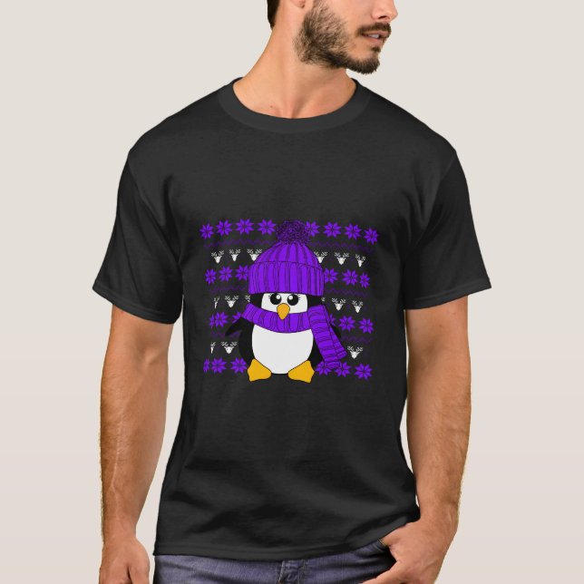 Pinguin mit Lila Hut und Scarf Weihnachten T-Shirt (Vorderseite)