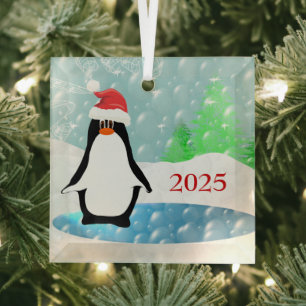 Pinguin mit Niedlicher Funny Red Weihnachtsmannmüt Ornament Aus Glas