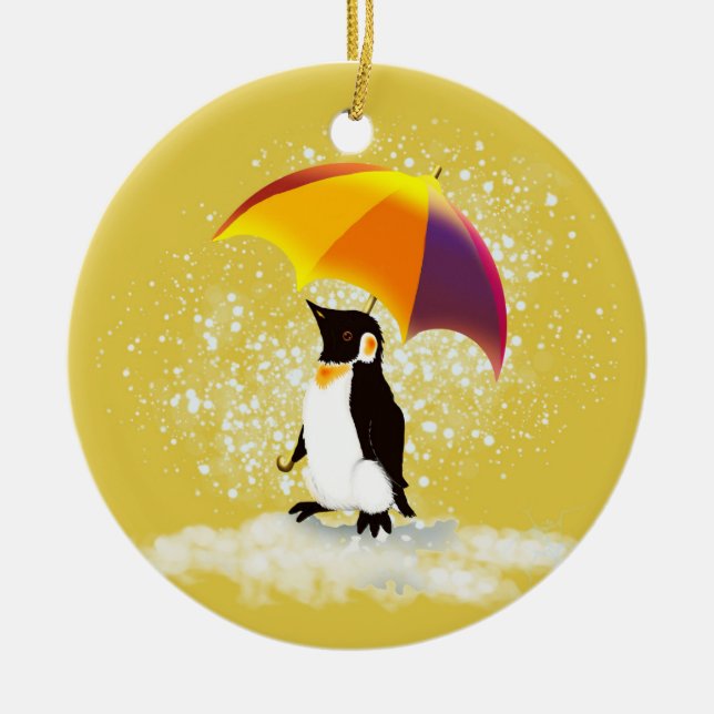 Pinguin mit Regenschirm Keramik Ornament (Vorne)