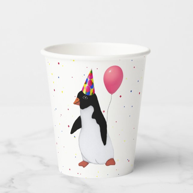 Pinguin mit rosa Ballon Pappbecher (Vorderseite)