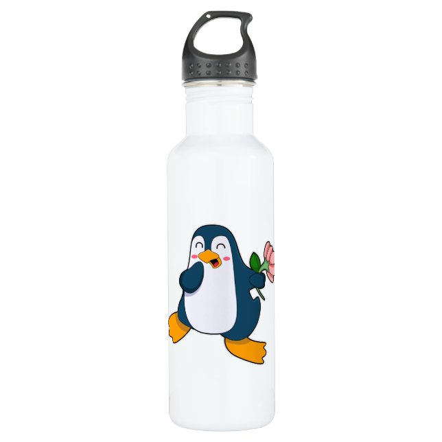 Pinguin mit Rosa-Blume Edelstahlflasche (Vorderseite)
