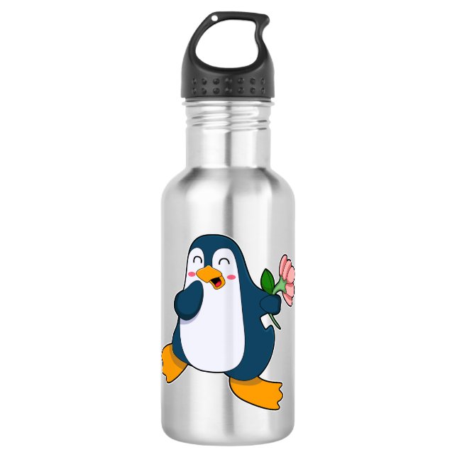 Pinguin mit Rosa-Blume Edelstahlflasche (Vorderseite)