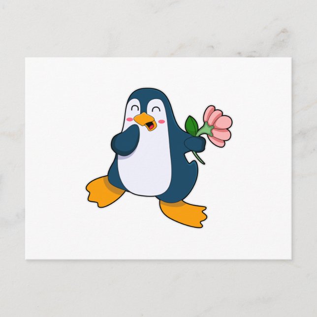 Pinguin mit Rosa-Blume Postkarte (Vorderseite)