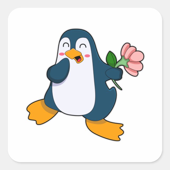 Pinguin mit Rosa-Blume Quadratischer Aufkleber (Vorderseite)
