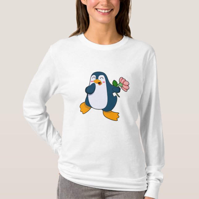 Pinguin mit Rosa-Blume T-Shirt (Vorderseite)