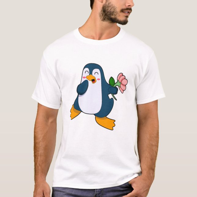 Pinguin mit Rosa-Blume T-Shirt (Vorderseite)