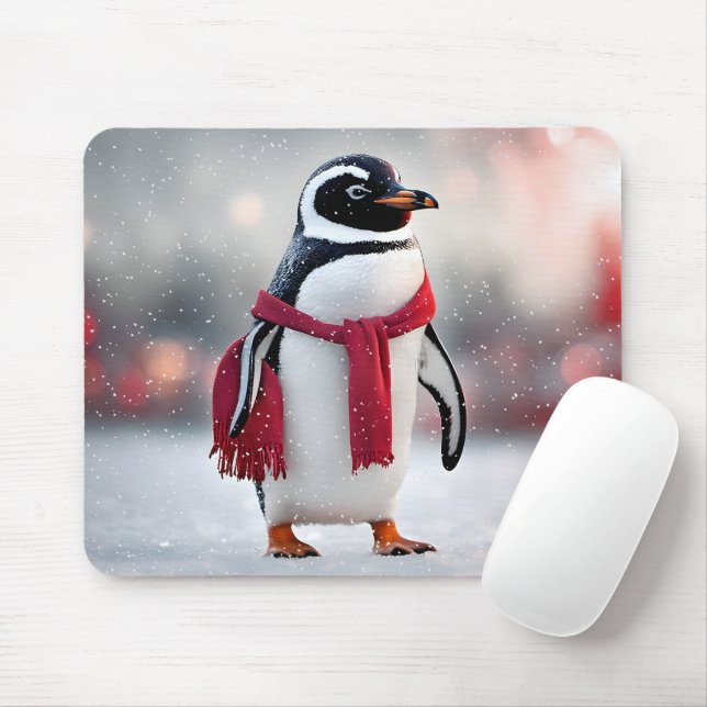Pinguin mit rotem Scarin in Schneeflocken Mousepad (Mit Mouse)