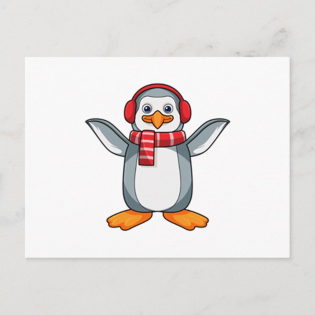 Pinguin mit Scarf & Headphone Postkarte (Vorderseite)