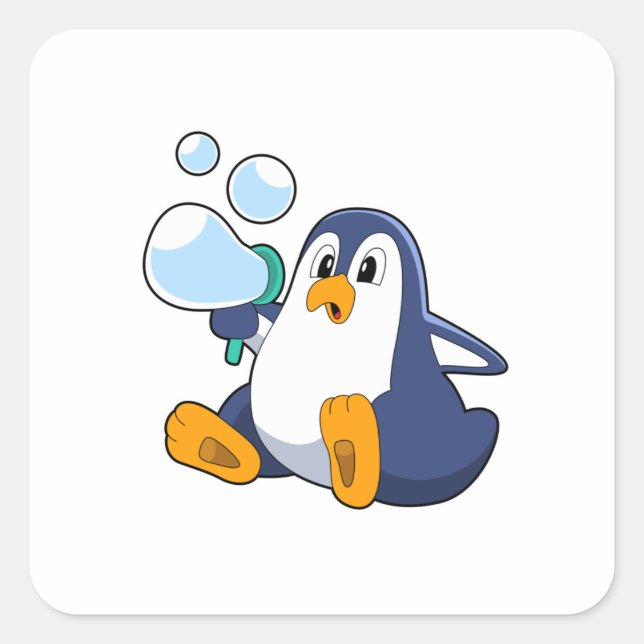 Pinguin mit Seifenblasen.PNG Quadratischer Aufkleber (Vorderseite)